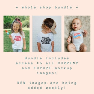 May include: Three images of children wearing white shirts with the text "Your Design Here" in a retro font. The images are for use as mockups for t-shirt designs.