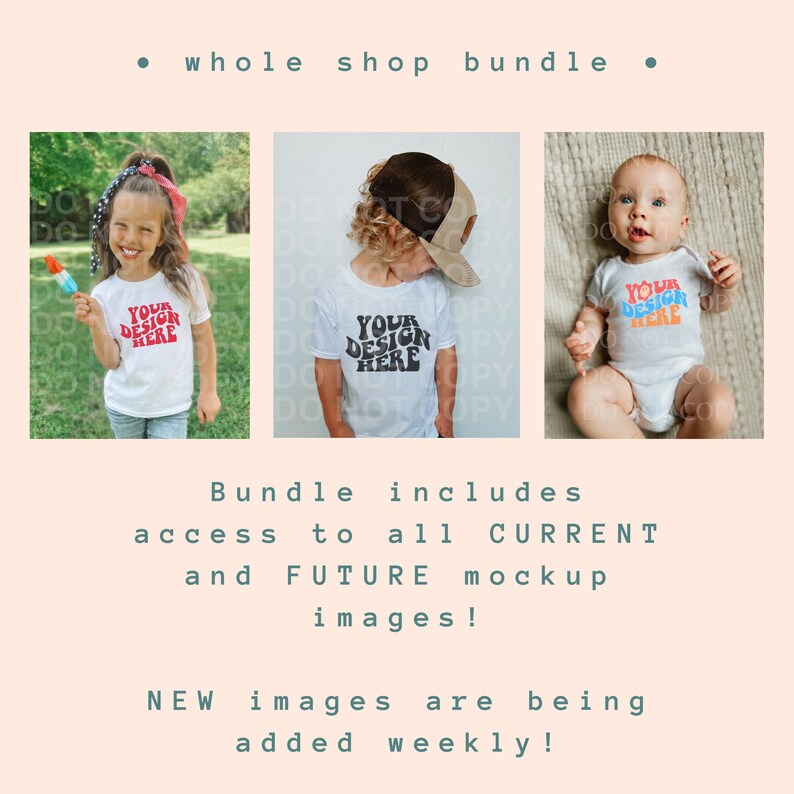 May include: Three images of children wearing white shirts with the text "Your Design Here" in a retro font. The images are for use as mockups for t-shirt designs.