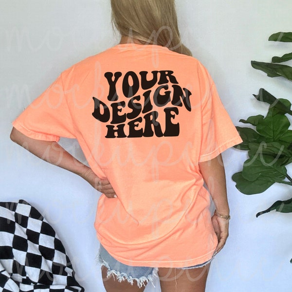 Neon Cantaloupe Back of Shirt Mockup, Comfort Colors 1717 Tshirt, Woman Orange Short Sleeve T-shirt Mock, Boho Real Model C1717 Styled Photo