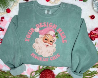 Light Green Comfort Colors Sweatshirt Christmas Mockup, 1556 Crewneck Flat lay Photo, C1566 Winter Aesthetic POD Image, Real Apparel Digital