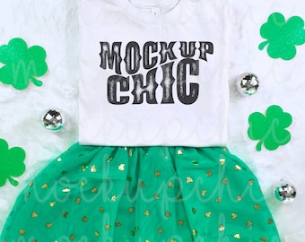 Maqueta de camiseta blanca de San Patricio con diseño plano, maqueta de camiseta de San Patricio para niños con diseño plano, foto Bella Canvas 3001y, camiseta juvenil 3001t