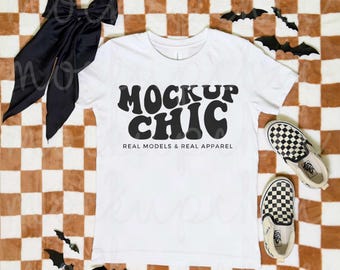 Maqueta de camisa blanca de Halloween con diseño plano, camiseta Bella Canvas 3001, camiseta de influencer con diseño plano, imagen para niños otoño 3001Y, maqueta de manga corta para jóvenes