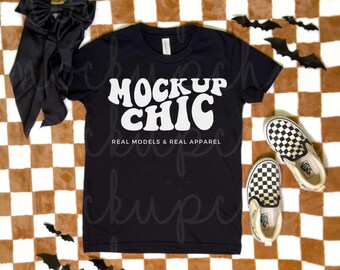 Maqueta de camiseta negra de Halloween con diseño plano, camiseta Bella Canvas 3001, camiseta de influencer con diseño plano, imagen para niños otoño 3001Y, maqueta de manga corta para jóvenes