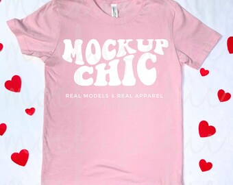 Valentine's Day Mockup, Soft Pink Shirt Flatlay Mockup, Pink Rabbit Skins 3321  T-Shirt Influencer Flat lay, Kid Retro Valentine Image