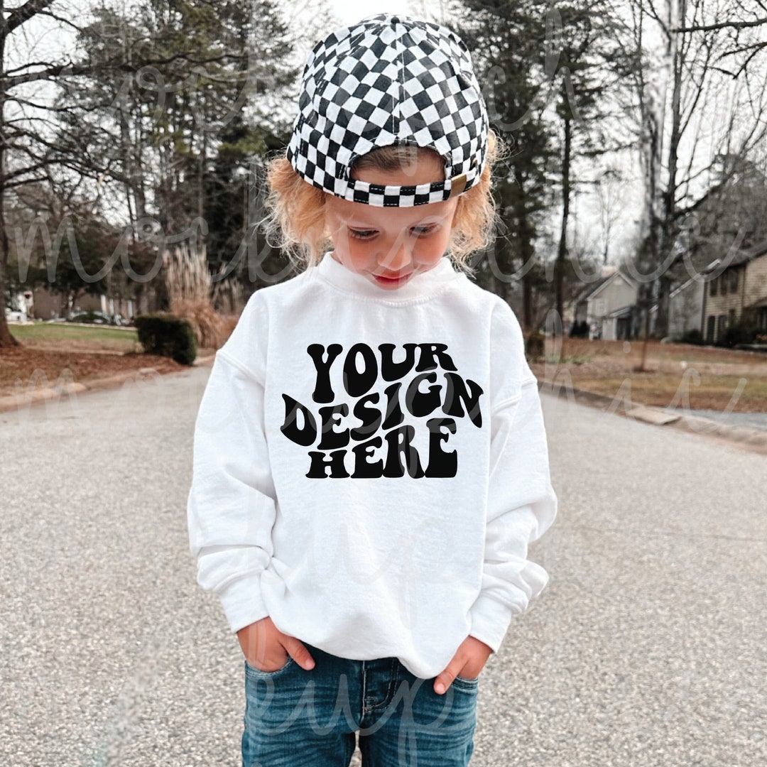 Toddler White Sweatshirt Mockup, Kids Gildan 18000b Crewneck Mock Up