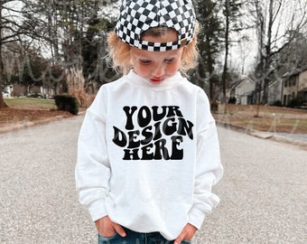 Toddler White Sweatshirt Mockup, Kids Gildan 18000b Crewneck Mock up, Boy White Sweater, Lifestyle Model Mocks, Retro Valentines Day Mockup