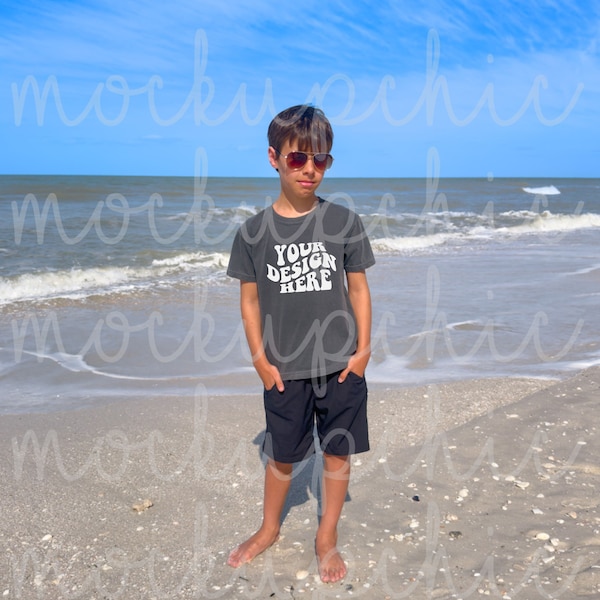 Kid Pepper Comfort Colors Shirt 9018 Mockup, Beach Youth Boy C9018 TShirt Mocks, Teen Summer Gray Tee Photo, Trendy Lifetyle Real Model