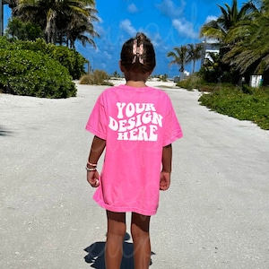 Kid Neon Pink Back of Shirt Mockup, Comfort Colors 9018 Pink T-Shirt Mock-up, Styled Girl Beach Photo, Summer Cute Kid C9018 Shirt Model POD