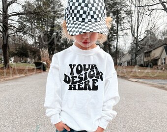 Toddler White Sweatshirt Mockup, Kids Gildan 18000b Crewneck Mock up, Boy White Sweater, Lifestyle Model Mocks, Retro Valentines Day Mockup