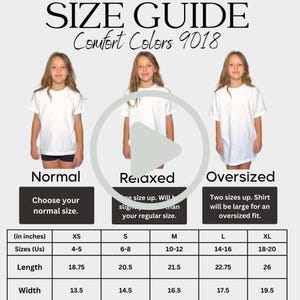 Könnte beinhalten: Größentabelle für Comfort Colors 9018 T-Shirts. Die Tabelle zeigt, wie die Shirts passen: normal, relaxed und oversized. Die Maße sind in Zoll angegeben, mit Größen von XS bis XL. Die Längen reichen von 47,6 bis 66 cm und die Breiten von 34,3 bis 49,5 cm.