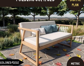 May include: Digital plan for building a folding sofa bed. The sofa bed is made of wood and has a white cushion. The plan includes colored pieces and is easy to assemble. The plan is in metric units.
