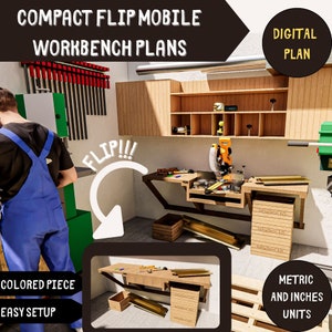 May include: Digital plans for a compact, flip-style mobile workbench. The plans include a detailed illustration of the workbench with labeled parts and measurements in both inches and metric units. The workbench is designed to be easy to assemble and features a flip-up design for compact storage.