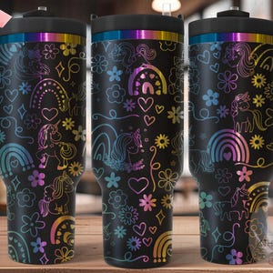 Unicorns & Rainbows Doodles Tumbler Wrap SVG, 40oz Laser Engraving File, Rotary Ready Digital Design, Fantasy Magic SVG