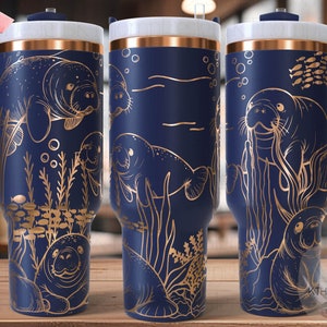 Manatees Ocean Life Tumbler Wrap SVG, 40oz Laser Engraving File, Rotary Ready Digital Design, Ocean Nautical SVG