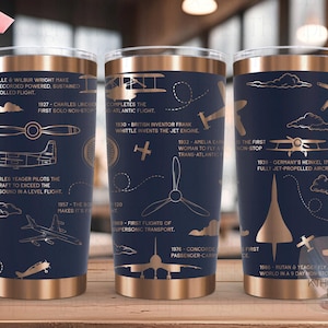 May include: A navy blue tumbler with a copper-coloured rim and base. The tumbler is decorated with a pattern of aeroplanes and text about the history of aviation. The text includes dates and descriptions of significant events in aviation history, such as the Wright brothers' first flight and the invention of the jet engine.