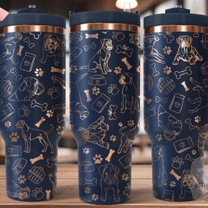 May include: A navy blue stainless steel tumbler with a rose gold lid and handle. The tumbler features a seamless pattern of dogs, bones, and dog food bags in a rose gold color.