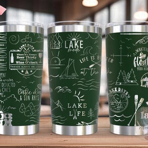 La vie au bord du lac, ce qui se passe au lac Tumbler Wrap SVG, fichier de gravure laser 20 oz et 30 oz, conception numérique prête à l'emploi, SVG de voyage loisirs