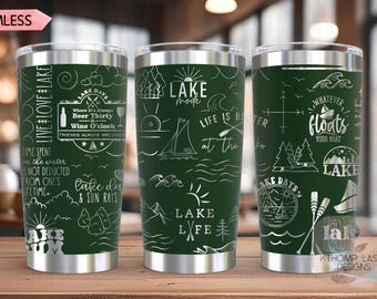 May include: Three stainless steel tumblers with a green background and white text and graphics. The tumblers feature lake-themed designs with phrases like "Live Love Lake", "Lake Days", "Lake Mode", "Life is Better at the Lake", "Whatever Floats Your Boat", and "Lake Life".