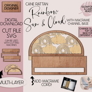 Dessus arc-en-ciel soleil et nuage avec barre en macramé fichier numérique découpé au laser, signe bohème, signe interchangeable, Glowforge, XTools M1 D1, SVG