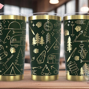 Envoltura para vasos Camping Doodles SVG, archivo de grabado láser de 20 oz y 30 oz, diseño digital listo para rotatorio, SVG de naturaleza al aire libre