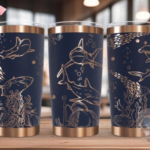 Haie Tumbler Wrap SVG, 20 Unzen und 30 Unzen Lasergravur Datei, Drehbereites digitales Design, Ozean Nautik SVG