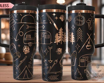 Camping Doodles Tumbler Wrap SVG, 40oz Laser Engraving File, Rotary Ready Digital Design, Outdoor Nature SVG