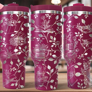 Floral Books Tumbler Wrap SVG, 40oz Laser Engraving File, Rotary Engrave Digital Design, Floral SVG Design