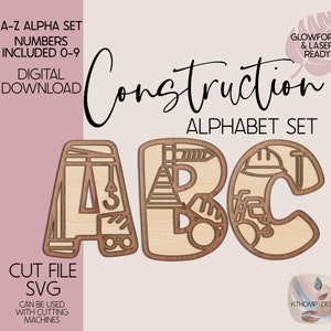 Alfabeto de construcción SVG, archivos cortados con láser A-Z y 0-9, juego de alfabeto digital para corte láser, listo para madera, MDF y acrílico, descarga instantánea