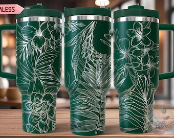 May include: A green travel mug with a white floral design. The design features tropical leaves and flowers. The mug has a handle and a lid.