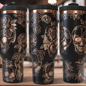Skulls and Roses Tumbler Wrap SVG, 40oz Laser Engraving File, Rotary Engrave Digital Design, Floral SVG Design