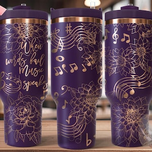 Envoltura floral para vaso SVG "Cuando las palabras fallan", "La música habla" / Archivo de grabado láser de 40 oz / Diseño digital listo para rotatorio / Regalo profesional SVG