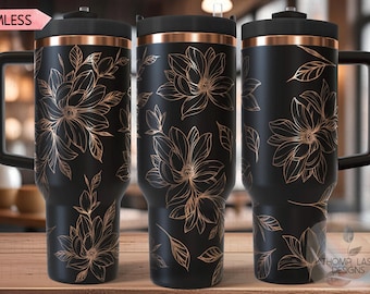 May include: Three black stainless steel travel mugs with a gold floral design. The mugs have a copper colored lid and handle.
