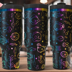 Cute Fish Doodles Tumbler Wrap SVG, 40oz Laser Engraving File, Rotary Ready Digital Design, Ocean Nautical SVG