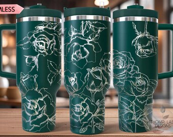 May include: Three green travel mugs with white floral designs. The mugs have lids and handles. The text "SEAMLESS" is visible in the top left corner of the image.