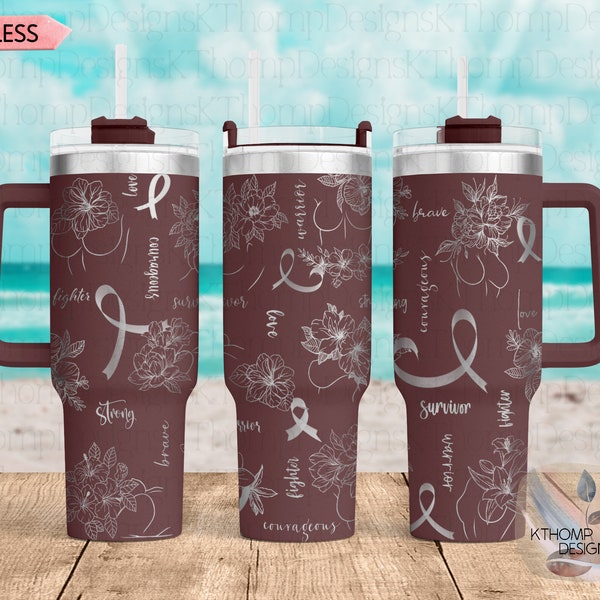 Brustkrebs Floral Laser graviertes Full Wrap Design für 40oz Becher, digitaler Download, nahtloses Design, SVG Becher Wrap für Laser Rotary