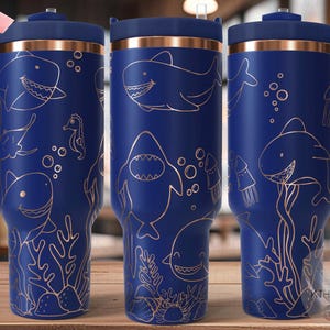 Cute Sharks Ocean Life Tumbler Wrap SVG, 40oz Laser Engraving File, Rotary Ready Digital Design, Ocean Nautical SVG