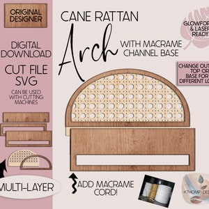 Dessus en rotin en arc de cercle avec barre en macramé fichier numérique découpé au laser, signe bohème, signe interchangeable, Glowforge, XTools M1 D1, conception laser, SVG