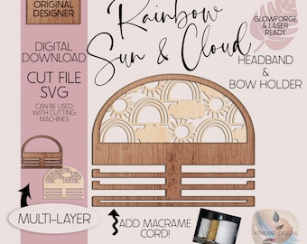 Rainbow, Sun & Cloud Headband and Bow Holder design, Digital Download, Laser Cut File, Glowforge, Laser Cut, Glowforge Tested, SVG