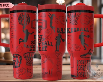 May include: Red stainless steel travel mug with a black basketball themed design. The mug has a handle and a lid. The design includes basketballs, players, and the words "Eat Sleep Basketball Repeat".