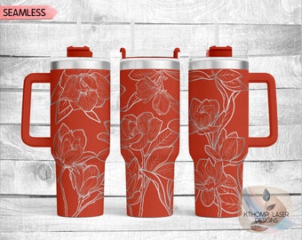 Magnolias Diseño de envoltura completa grabado con láser para vaso de 40 oz, Descarga digital, SVG, Diseño floral sin costuras, Envoltura de vaso para rotatorio láser