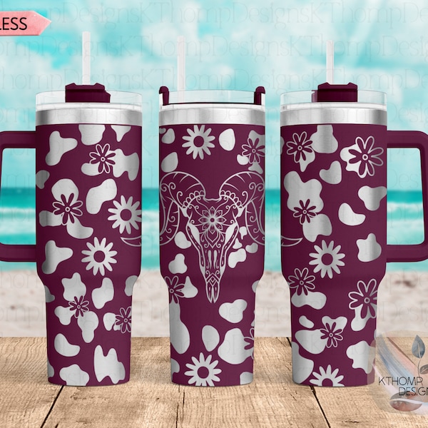 Boho Cow Skull Western Laser Engraved Full Wrap Design for 40oz Tumbler, Digital Download, Seamless Cow Pattern Design, Laser Rotary SVG