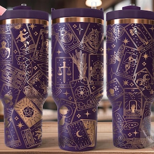 Cartes de tarot Witchy Tumbler Wrap SVG, fichier de gravure laser 40 oz, conception numérique prête à l'emploi, zodiaque Boho SVG
