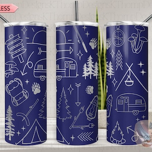 Envoltura SVG para vaso con diseño de garabatos de camping, archivo delgado de 20 oz para grabado láser, diseño digital listo para rotatorio, SVG de naturaleza al aire libre