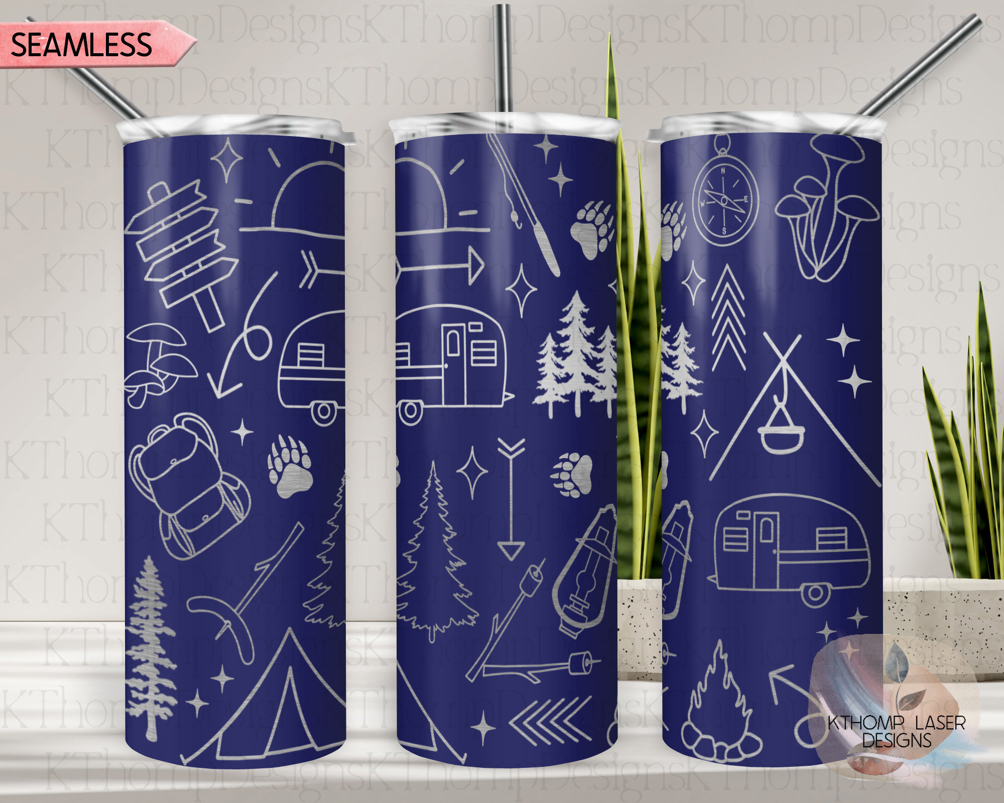 Camping Doodles Tumbler Wrap SVG, 20oz Skinny Laser Engraving File, Rotary Ready Digital Design, Outdoor Nature SVG