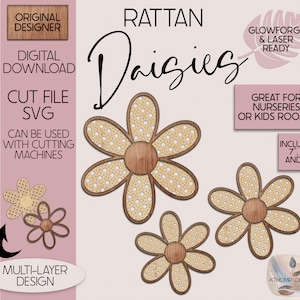 Canne en rotin marguerites fichier découpé au laser SVG, marguerite en rotin mignonne, signe de chambre d'enfant bohème, marguerites SVG, marguerites en bois, décoration de chambre d'enfant, Glowforge, XTool