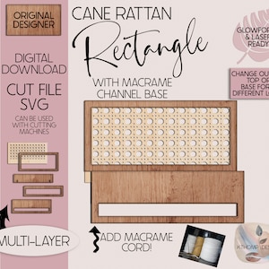 Dessus de canal rectangulaire en rotin avec barre en macramé fichier numérique découpé au laser, signe bohème, signe interchangeable, Glowforge, XTools M1 D1, SVG