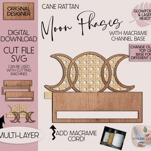 Dessus en rotin phases de lune avec barre en macramé fichier numérique découpé au laser, signe bohème, signe interchangeable, Glowforge, XTools M1 D1, SVG