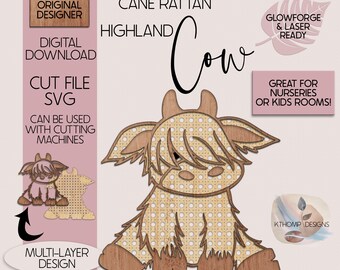 Laser Cut Cane Rattan and Solid Highland Cow SVG, Shaggy Cow SVG, Digital Download, Boho Nursery Sign, Home Decor, Nursery Decor, Glowforge