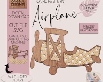 Laser Cut File Cane Rattan Airplane SVG, Cute Rattan Airplane, Biplane Nursery, Airplane SVG, Wood Airplane, Nursery Decor, Glowforge, XTool