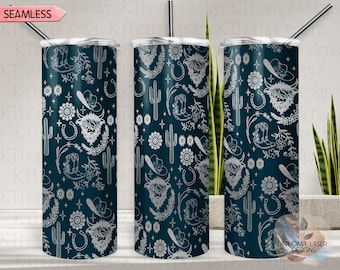 May include: Three teal blue stainless steel tumblers with a white design of a cowboy boot, cactus, horseshoe, and a highland cow. The design is repeated seamlessly on the tumblers.